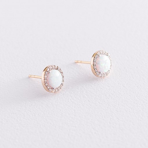 Золотые серьги-пусеты "Сияние" (синт. опал, фианиты) 9 мм с07440 3