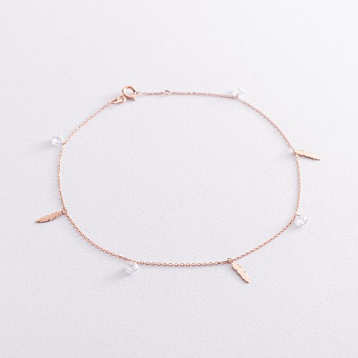 Золотой браслет "Перышки" на ногу (фианиты) б04795