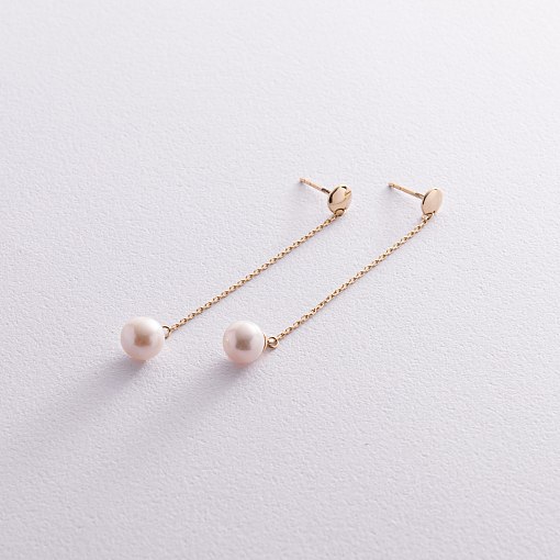 Серьги - пусеты "Жемчужина на цепочке" в желтом золоте с08294 4