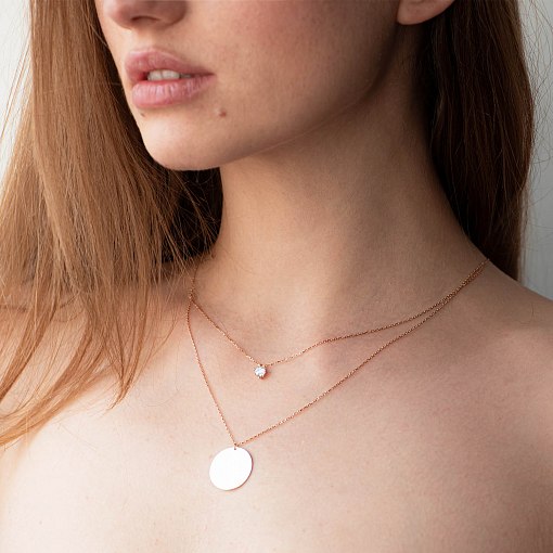 Колье "Монета" с фианитом в красном золоте (возможна гравировка) кол01681