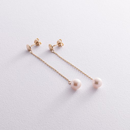 Серьги - пусеты "Жемчужина на цепочке" в желтом золоте с08294 3