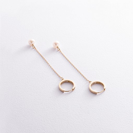 Серьги - кольца "Жемчужина на цепочке" в желтом золоте с08356 3