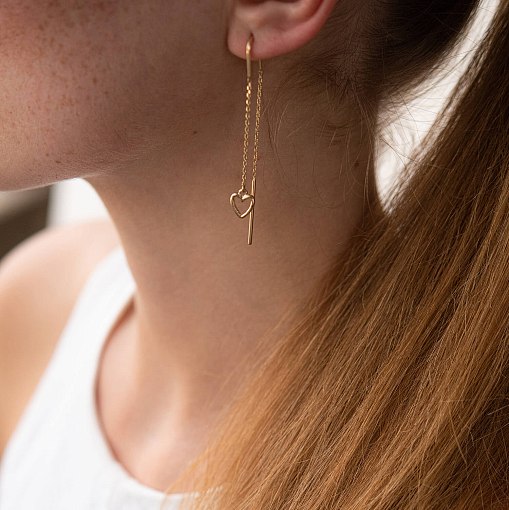 Серьги - протяжки "Сердечки" в желтом золоте с07944 4