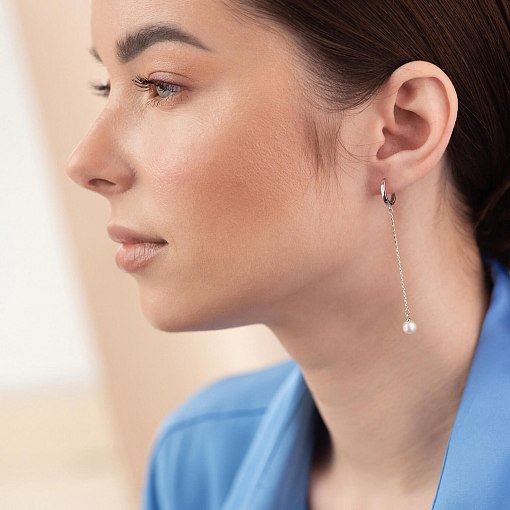 Серьги - кольца "Жемчужина на цепочке" в белом золоте с08357 2