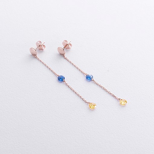 Висячие золотые серьги - пусеты "Украинка" (голубые и желтые фианиты) с08100