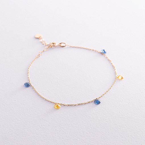 Золотой браслет "Украинка" (синие и желтые фианиты) б05116