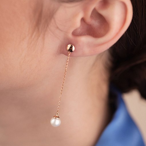 Серьги - пусеты "Жемчужина на цепочке" в красном золоте с08315 4