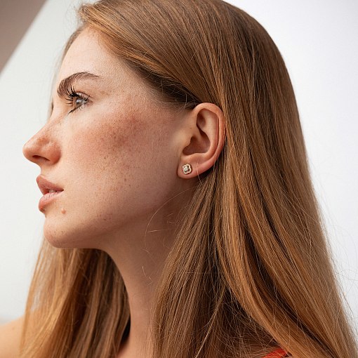 Серьги - пусеты "Клевер" с фианитами (желтое золото) с09176 5