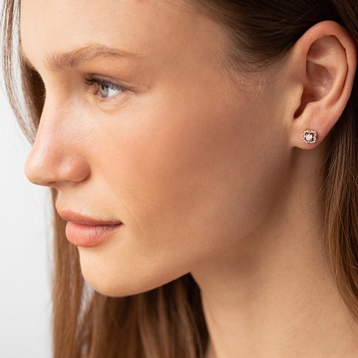 Серьги - пусеты "Клевер" с фианитами (желтое золото) с09176 2