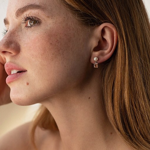 Золотые серьги - пусеты "Альма" (оранжевые фианиты, жемчуг) с08249 4