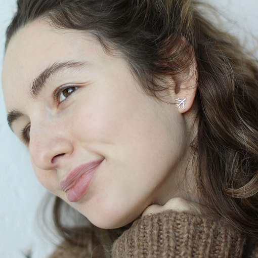 Серьги-пусеты "Самолетик" в белом золоте с06678 4