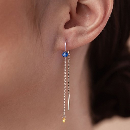 Золотые серьги - протяжки "Украинка" (голубые и желтые фианиты) с08390 5