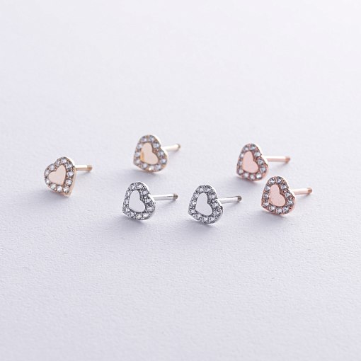 Серьги - пусеты "Сердечки" с фианитами (красное золото) с03203 5