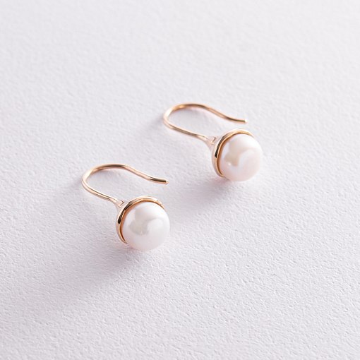 Золотые серьги - петельки с жемчугом с07865 7