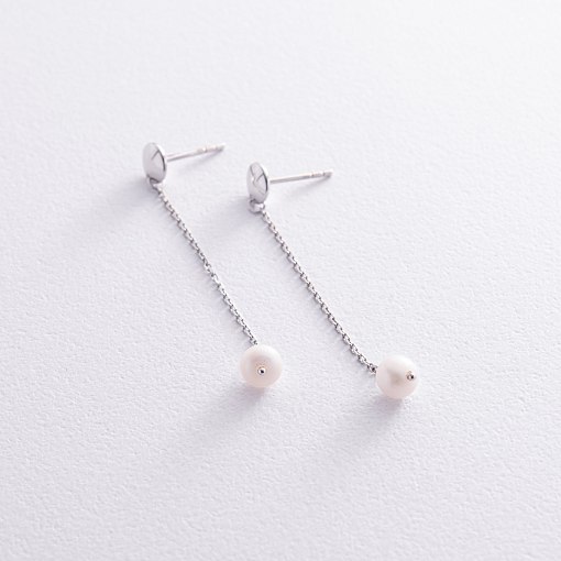 Серьги - пусеты "Жемчужина на цепочке" в белом золоте с08302 5