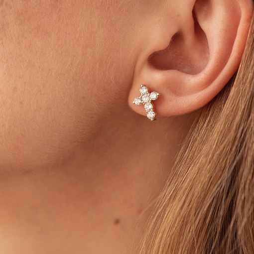 Серьги - пусеты "Крестики" в красном золоте (фианиты) с09048 5