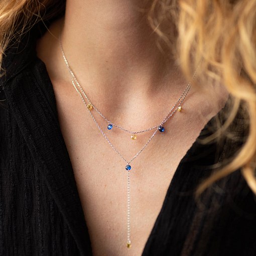 Двойное золотое колье - галстук "Украинка" (синие и желтые фианиты) кол02332 5