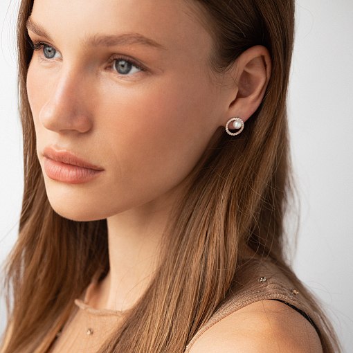 Золотые серьги - пусеты "Круговорот" (жемчуг, фианиты) с09178 5