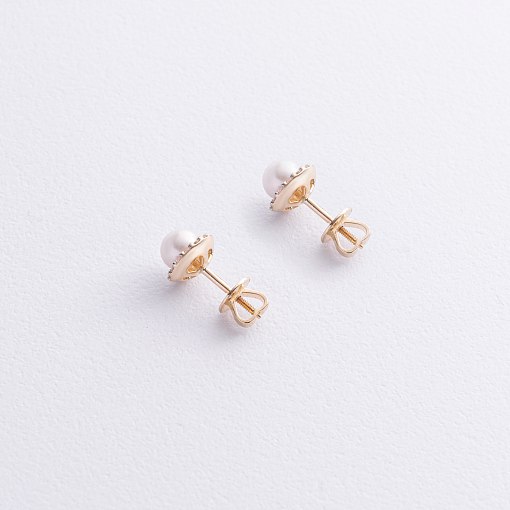 Золотые серьги - пусеты "Linea" (жемчуг, фианиты) с08915 3