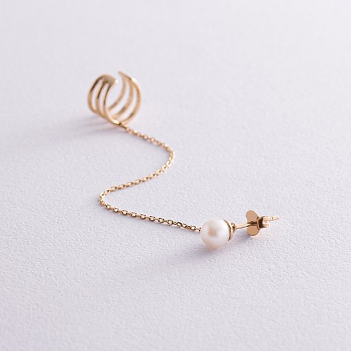 Серьга - каффа "Тринити" с жемчужиной (желтое золото) с08260 3