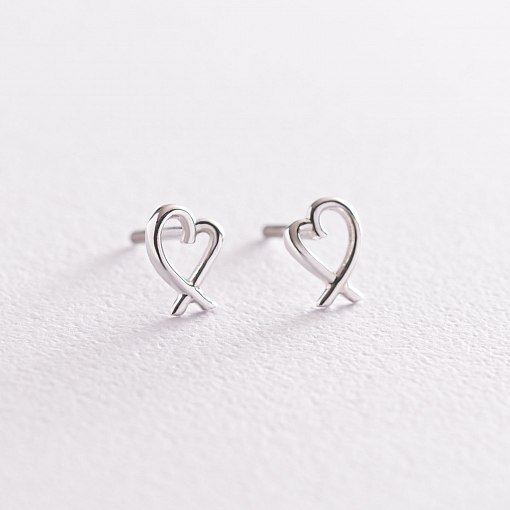 Серьги - пусеты "Сердечки" в белом золоте с07122