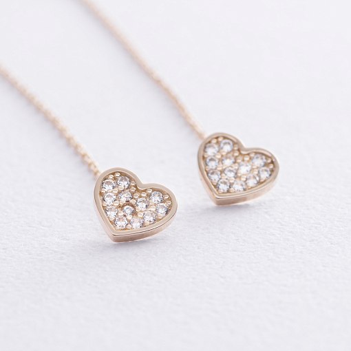 Серьги - протяжки "Сердечки" в желтом золоте (фианиты) с08069 3