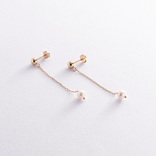 Серьги - пусеты "Жемчужина на цепочке" в желтом золоте с08360 3