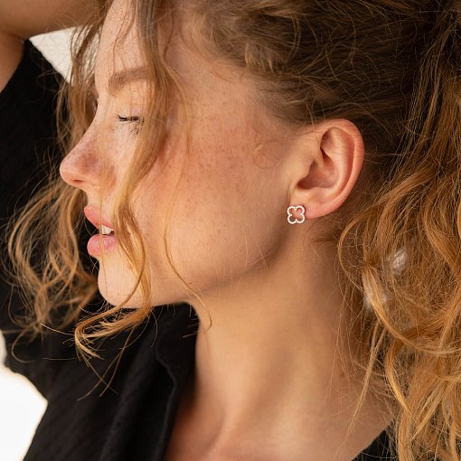 Золотые серьги - пусеты "Клевер" с фианитами с08284 4