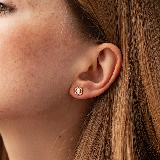 Серьги - пусеты "Клевер" с фианитами (желтое золото) с09176 6