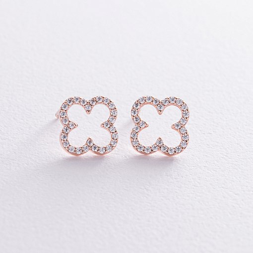 Серьги - пусеты "Клевер" с фианитами (красное золото) с08442 5