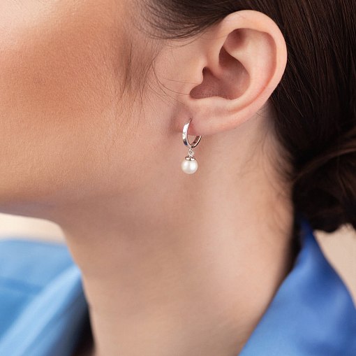 Серьги - кольца с жемчугом (белое золото) с08358 2