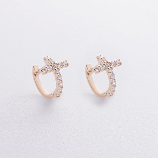 Серьги - кольца "Крестики" с фианитами (желтое золото) с09192