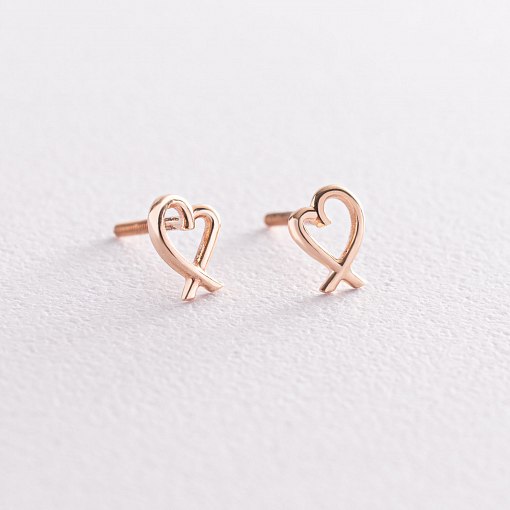 Серьги - пусеты "Сердечки" в красном золоте с07121