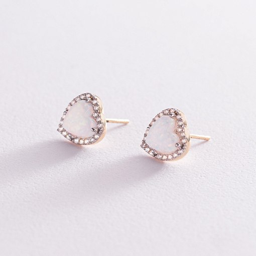 Золотые серьги - пусеты "Сердечки" (опал, фианит) с06328 3