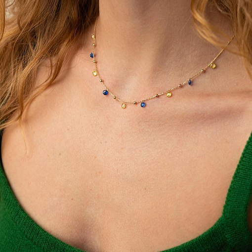 Золотое колье "Независимая" с шариками (синие и желтые фианиты) кол02321 2