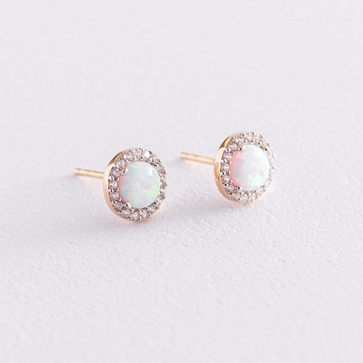 Золотые серьги-пусеты "Сияние" (синт. опал, фианиты) 8 мм с07439 4