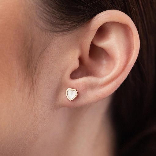 Золотые серьги - пусеты "Сердечки" с перламутром с08216 4