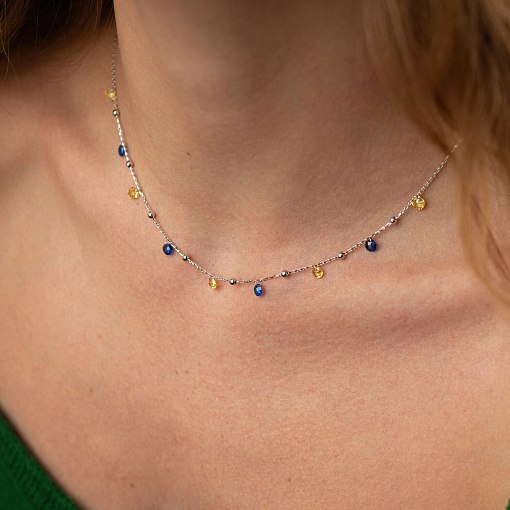 Золотое колье "Независимая" с шариками (синие и желтые фианиты) кол02337 2