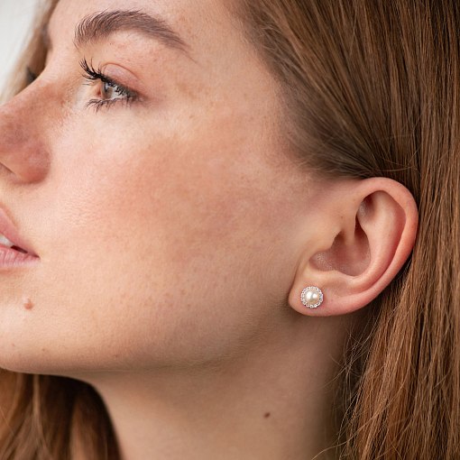 Золотые серьги - пусеты "Linea" (жемчуг, фианиты) с08915 5