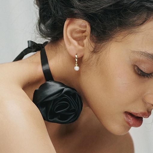 Серьги - кольца с жемчугом (желтое золото) с08359 8