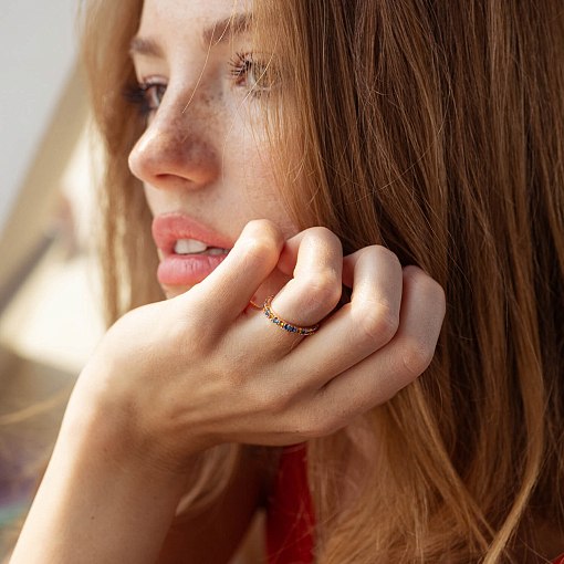 Каблучка з доріжкою блакитного та жовтого каменів (червоне золото) 815к 5