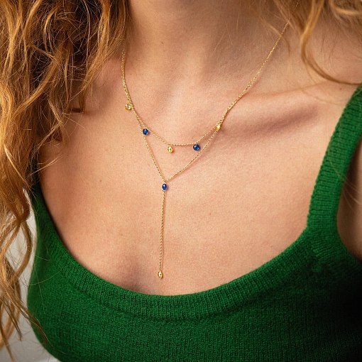 Золотое колье - галстук "Украинка" (синие и желтые фианиты) кол02329 2