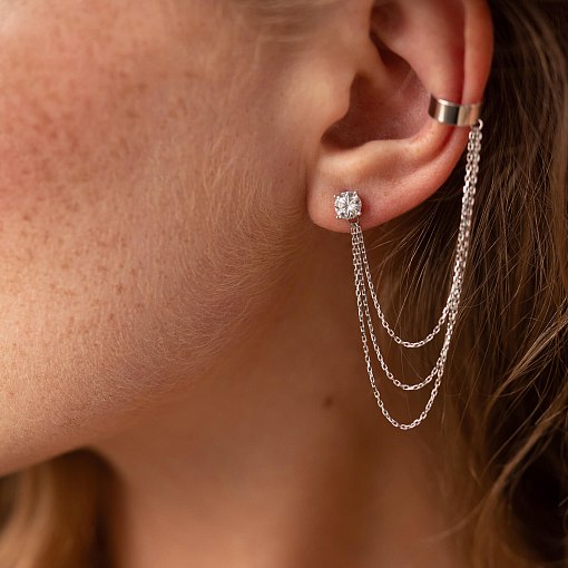 Серьга - каффа "Тринити" в белом золоте с цепочками (фианит) с08020 10