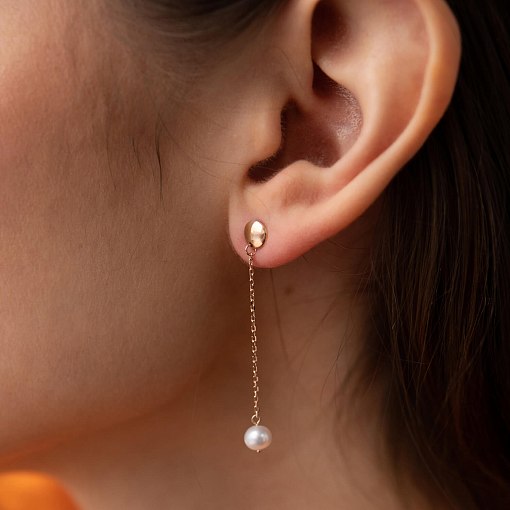 Серьги - пусеты "Жемчужина на цепочке" в красном золоте с08292 2