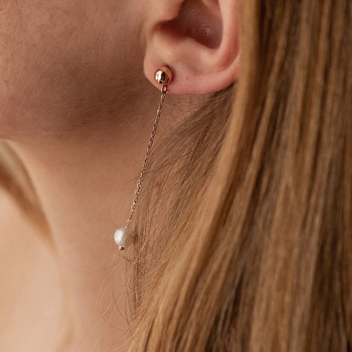 Серьги - пусеты "Жемчужина на цепочке" в красном золоте с08291 4