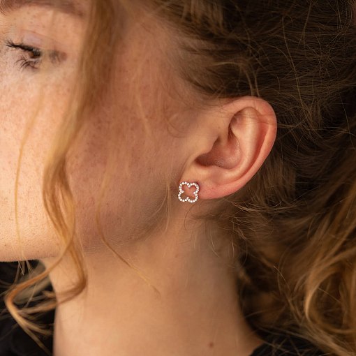 Золотые серьги - пусеты "Клевер" с фианитами с08284 3