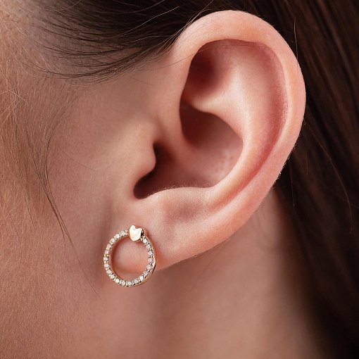 Золотые серьги - пусеты "Сердечки" с фианитами с08434 5