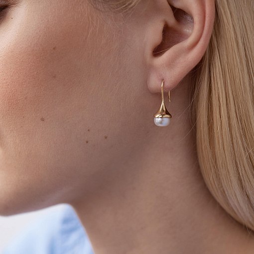 Золотые серьги - петельки с жемчугом с07865 6