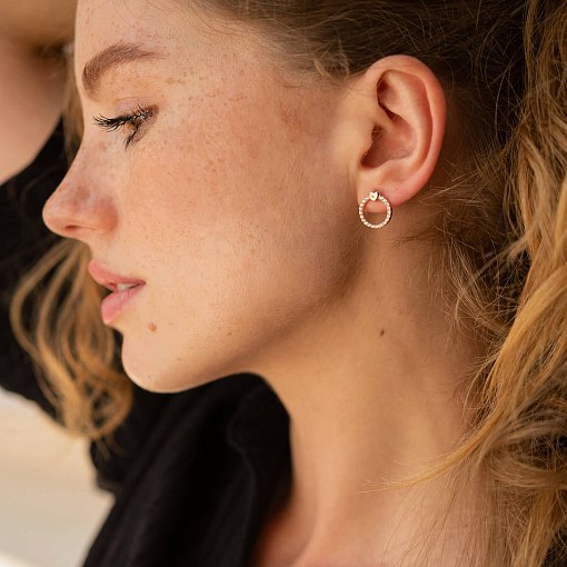 Серьги - пусеты "Сердечки" с фианитами (желтое золото) с08466 2