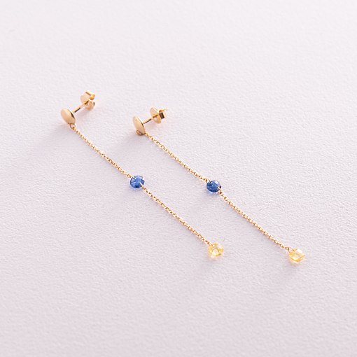 Висячие золотые серьги - пусеты "Украинка" (голубые и желтые фианиты) с08104